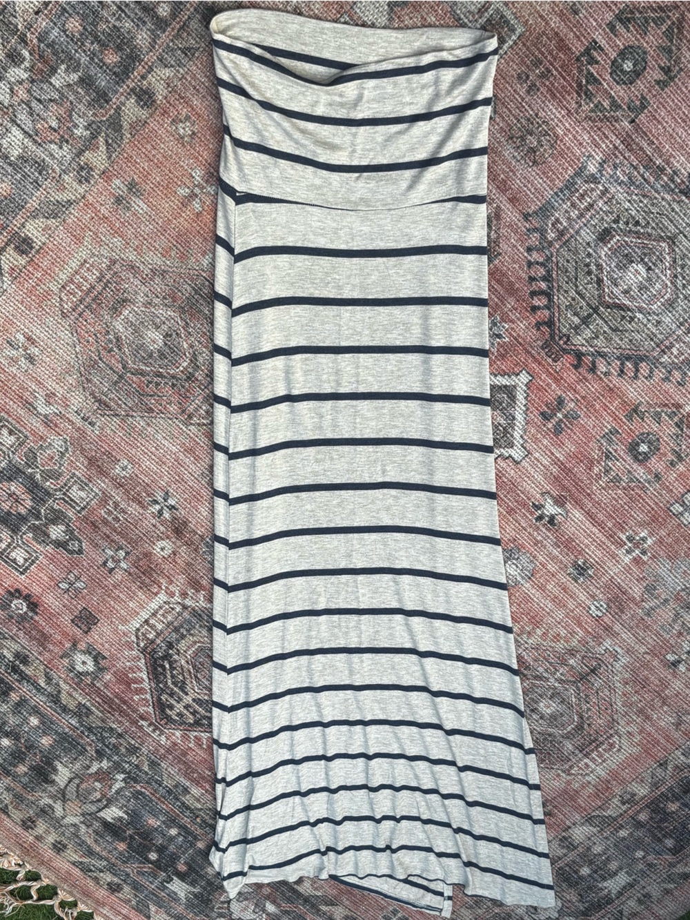 Elan Heather Gray and Navy Striped Side-Slit Maxi Skirt - Picture 9 of 11